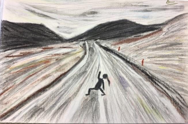 Zeichnung einer Figur auf einer kargen Straße – Wut und Niedergeschlagenheit