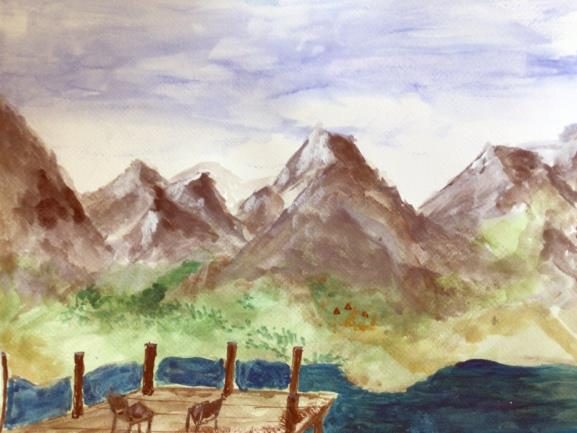 Aquarell eines Bergsees mit Steg – „Ein Platz am See“